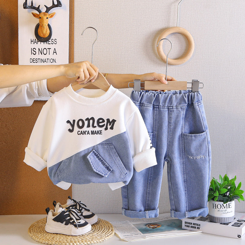 Boys' Spring Autumn Outfit 2026 New Children's Fall Clothing Letter Patchwork Denim Sports Two-Piece Set Trendy and Stylish