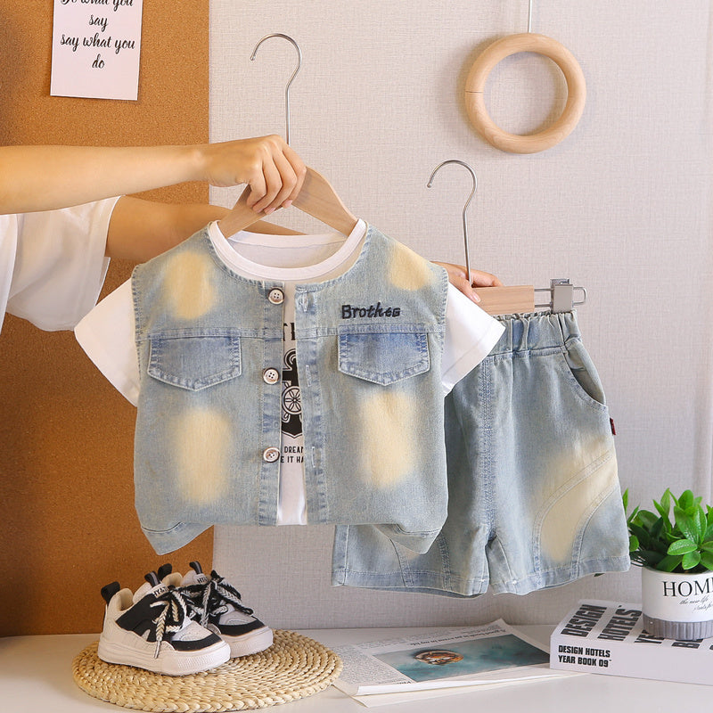 Boys' Summer Outfit 2026 New Fashionable Embroidered Letter Baby Clothes Short Sleeve Shorts Three-Piece Set Trendy
