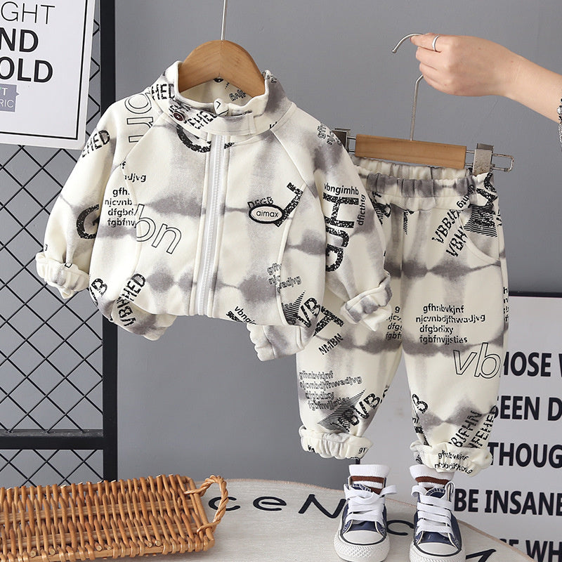Boys' Outfit 2026 New Fashionable Baby Full-Print Zipper Long-Sleeve Two-Piece Set for Children in Spring and Autumn