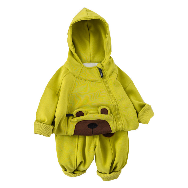 Boys' Spring Outfit with 3D Pocket Bear Zipper 2024 New Fashionable Children's Casual Two-Piece Set