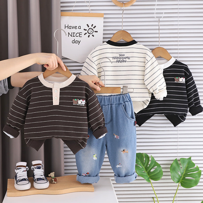 Boys' Outfit 2026 New Striped Patchwork Sweatshirt Two-Piece Set Baby Spring Stylish Toddler Clothes Children's Clothing