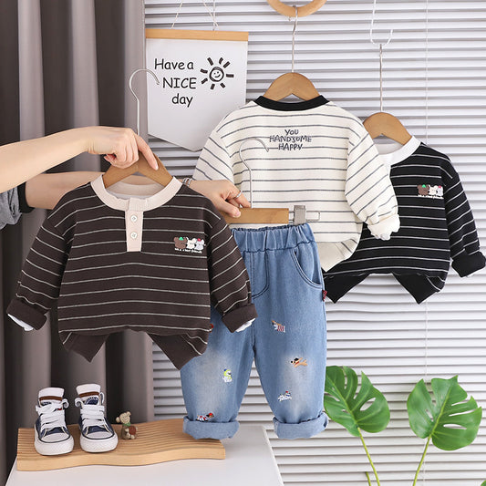 Boys' Outfit 2026 New Striped Patchwork Sweatshirt Two-Piece Set Baby Spring Stylish Toddler Clothes Children's Clothing
