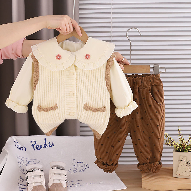 Girls' Spring Outfit for 1-2-3 Year Old Baby Girls, Stylish Fashionable Clothes, Children's Wear, Rabbit Ear Sweater Three-Piece Set