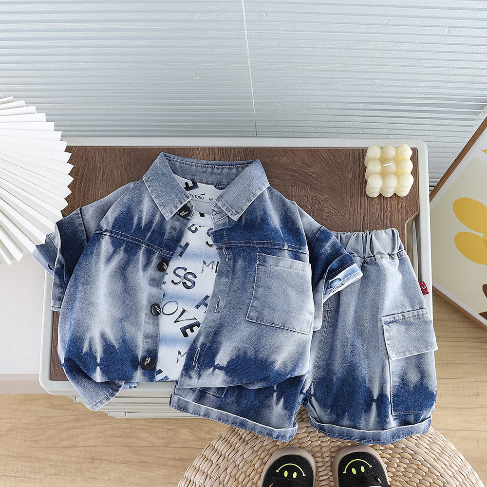 Boys' Outfit: Short-Sleeve Tie-Dye Denim Shirt Two-Piece Set, 2026 New Fashionable Thin Summer Style for Babies