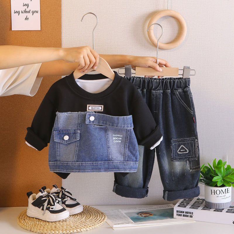 New Spring Autumn Outfit Boys: Korean-style Denim Patchwork Sweatshirt and Casual Stylish Jeans Two-piece Set for Kids