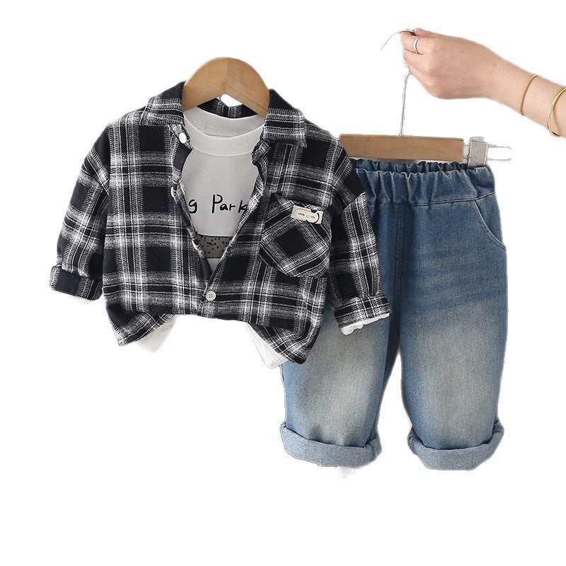 Boys' stylish casual outfit with pocket label shirt three-piece set, Korean-style children's clothing, baby spring and autumn long-sleeve
