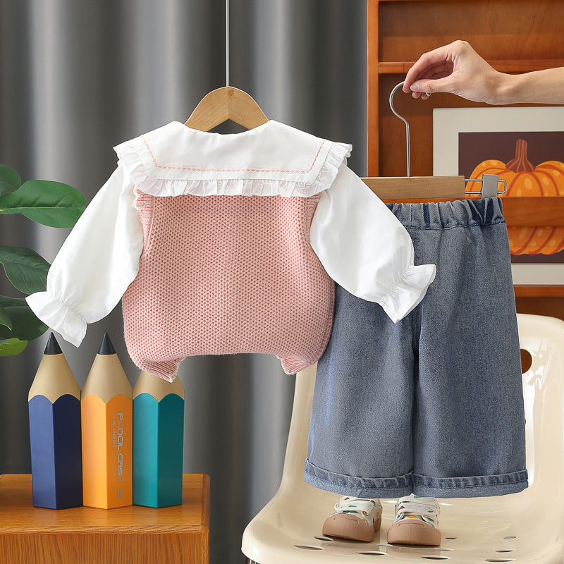 Girls' Spring and Autumn Long Sleeve Outfit 2026 New Baby Children's Clothing Cartoon Mushroom Sweater Three-Piece Set Trendy