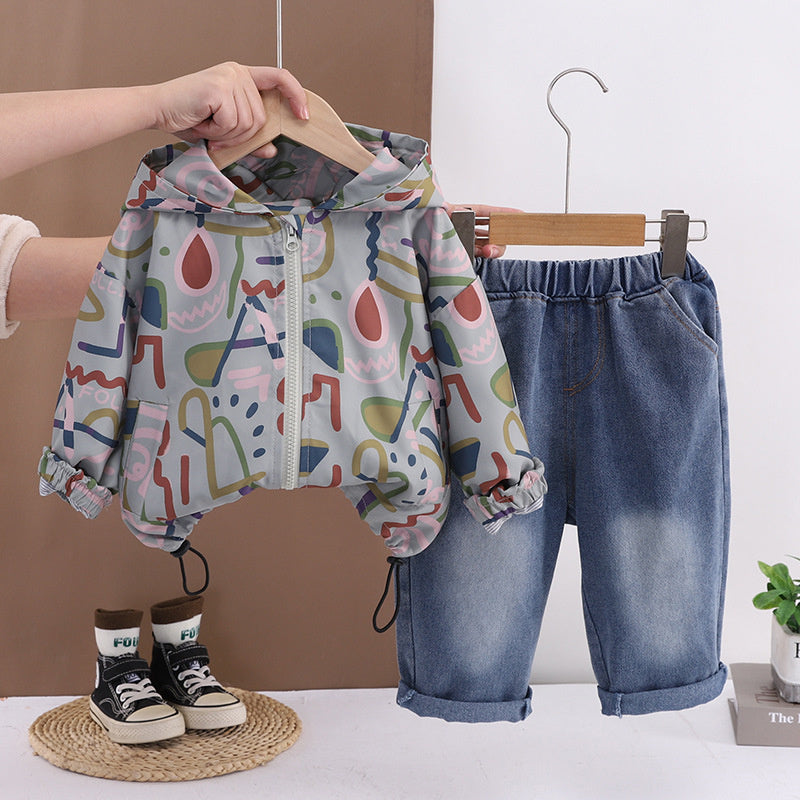 Boys' Outfit for Spring and Autumn 2026 New Graffiti Line Jacket, Long Sleeve Baby Korean Style Two-Piece Set Trendy