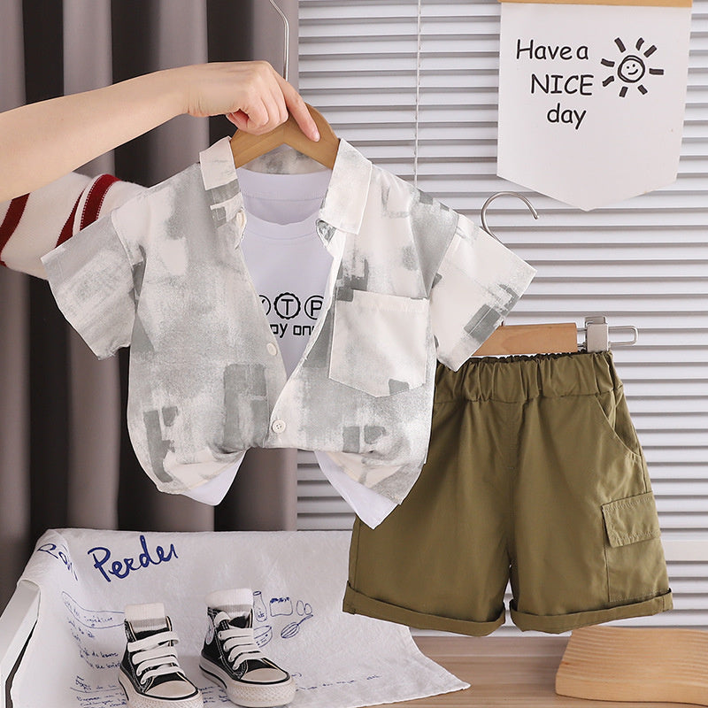 Boys' clothing for ages 1-4, 3-year-old children's wear, 2-year-old baby set, summer letter-print shirt short-sleeve three-piece trendy outfit