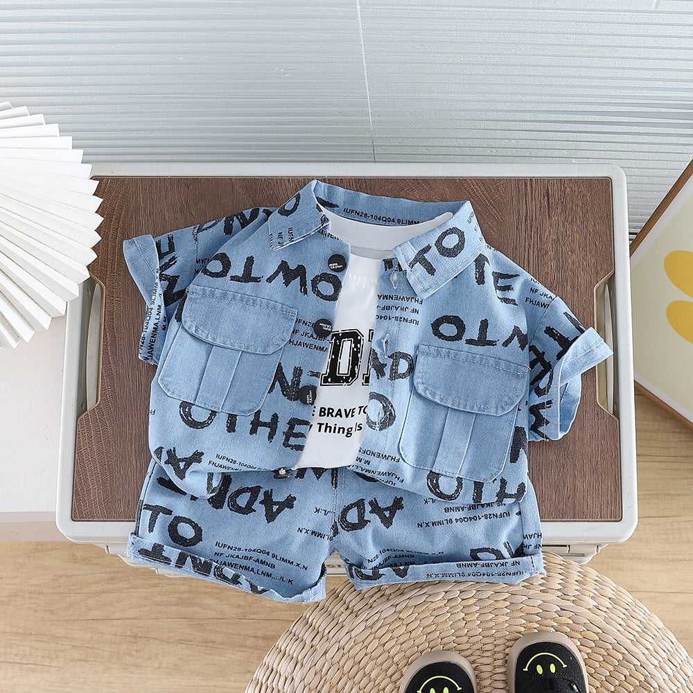 Boys' Summer Set 2026 New Stylish Baby Clothes Full-Print Letter Denim Short-Sleeve Three-Piece Trendy Outfit