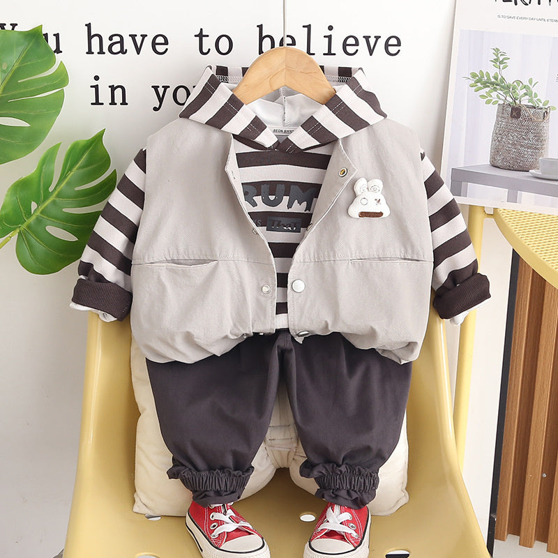 Boys' Set 2026 New Spring and Autumn Fashionable Baby Clothes Striped Vest Three-Piece Trendy Outfit