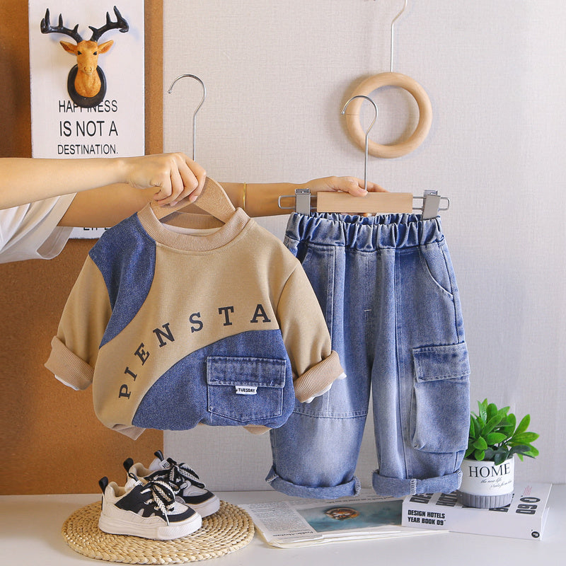 Baby Boy Outfit 2026 New Fashionable Spring and Autumn Clothes for Boys Two-Piece Set with Denim Letter Sweatshirt