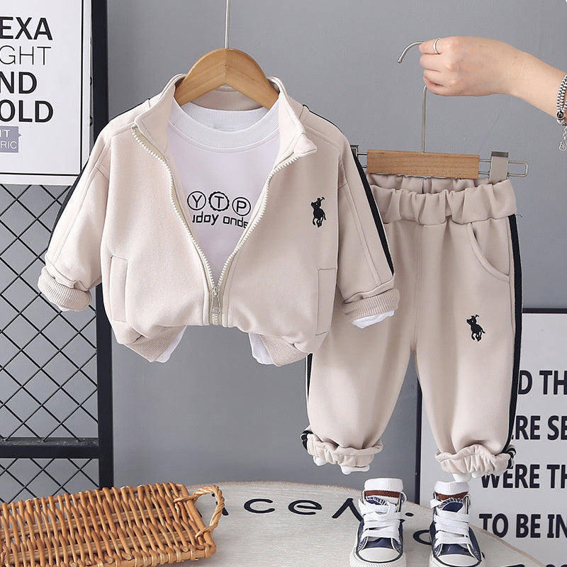 Boys' and Autumn Outfit 2026 New Style Baby Spring Embroidered Jacket Three-Piece Set Stylish Children's Clothing for Ages 1-5