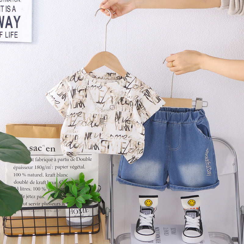Boys' Summer Outfit: Children's Short-Sleeve English Print Cool and Stylish 2026 New Model for 1-3 Year Olds