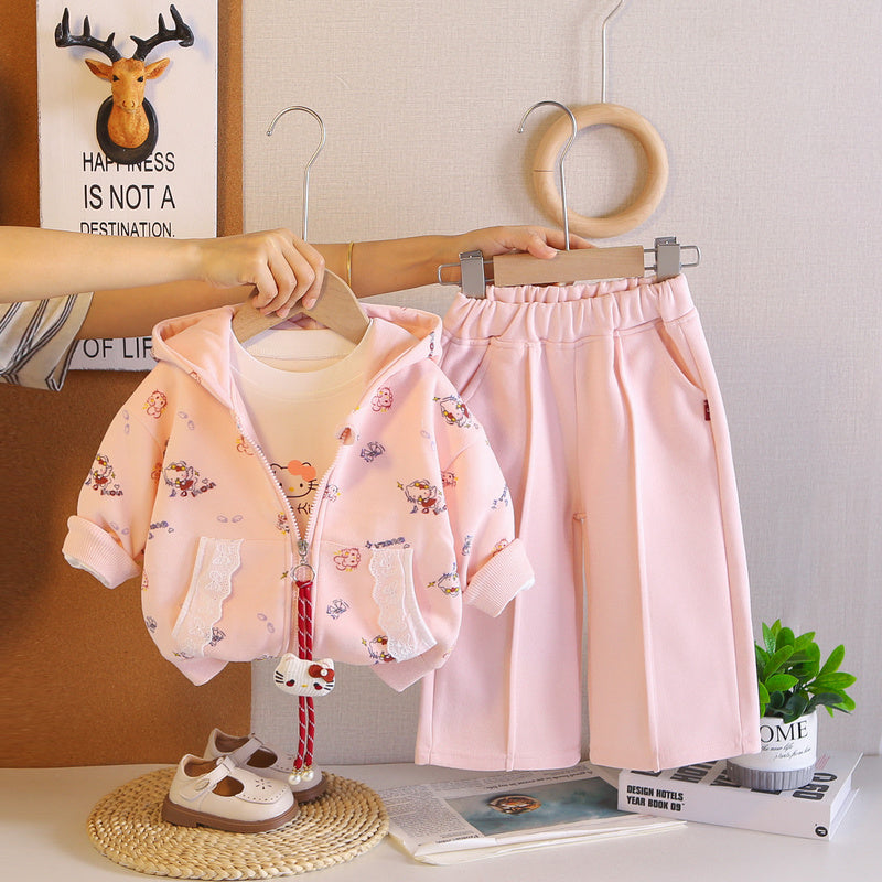 Girls' Spring and Autumn Outfit 2026 New Style for 1-4 Year Olds, Stylish Baby Children's Full-Print Cartoon Hooded Three-Piece Set