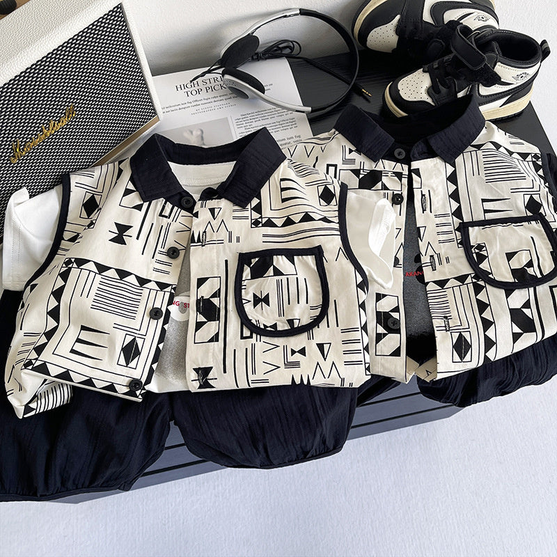Boys' Outfit 2026 New Style Shirt Korean Version Baby Boy Summer Fashion Casual Children's Short Sleeve Three-Piece Set