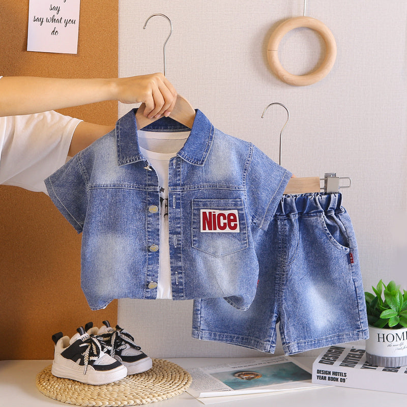 Boys' Outfit 2026 New Stylish Children's Thin Letter Denim Short Sleeve Three-Piece Set Baby Summer Trend