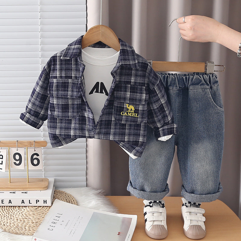 Boys' Suit 2026 New Style Children's Spring and Fashionable Baby Autumn Plaid Embroidered Jacket Three-Piece Set