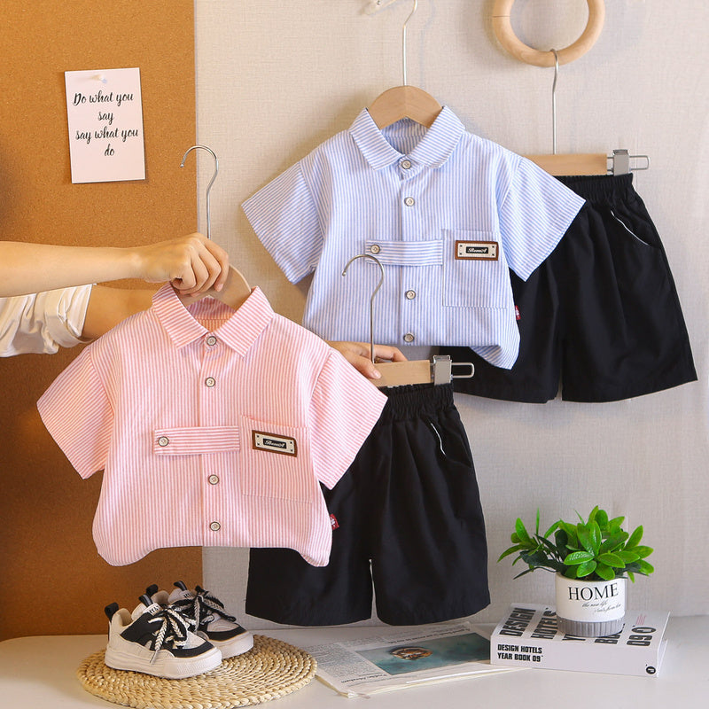 2026 Outfit Set: Children's Turn-down Collar Short-sleeve Shirt and Shorts for Little Boys' Summer Clothing