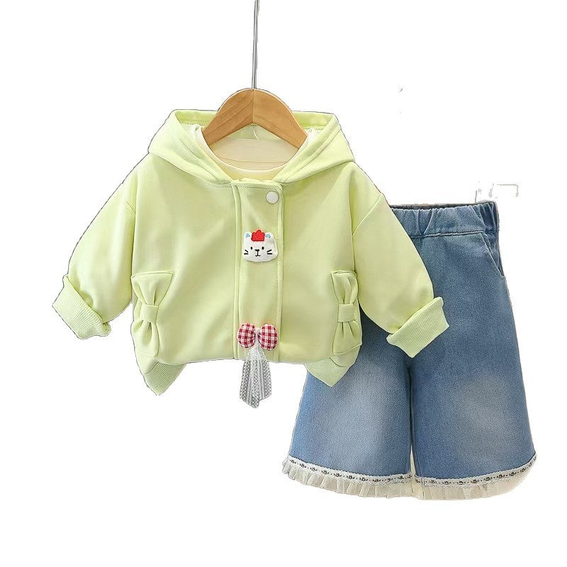 Girls' Spring Outfit 2026 New Fashionable Children's Crown Cat Three-Piece Set Little Girl Clothes Baby Coat