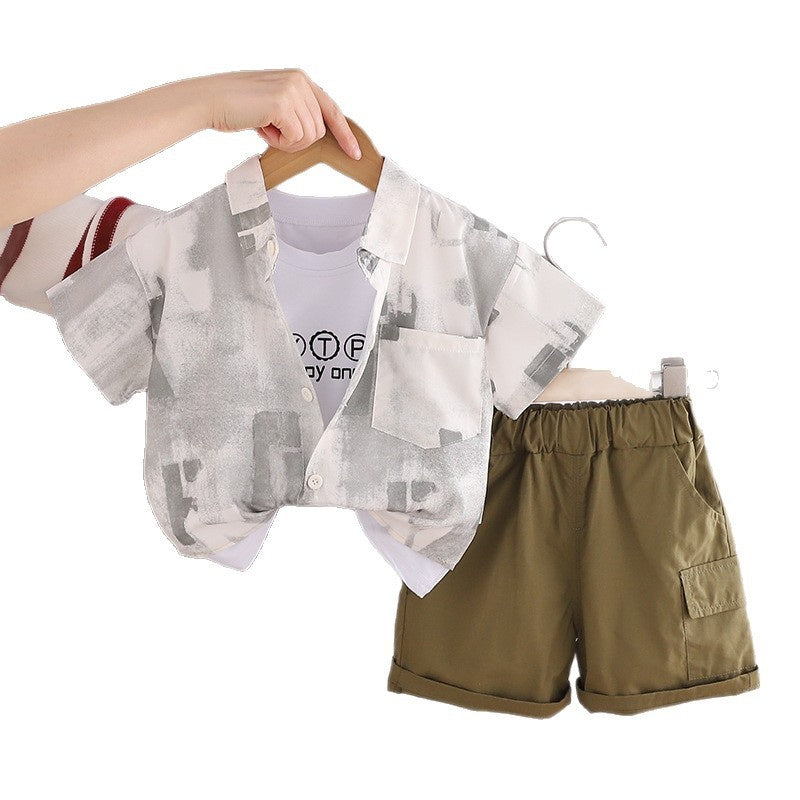 Boys' clothing for ages 1-4, 3-year-old children's wear, 2-year-old baby set, summer letter-print shirt short-sleeve three-piece trendy outfit