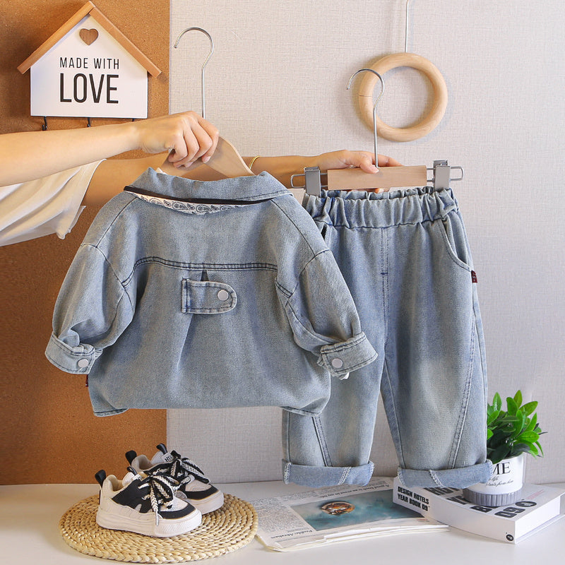Boys' 2026 Autumn Fashionable Outfits, Trendy Children's Clothing, Baby Long-Sleeve 1-Year-Old Boy Denim Three-Piece Set