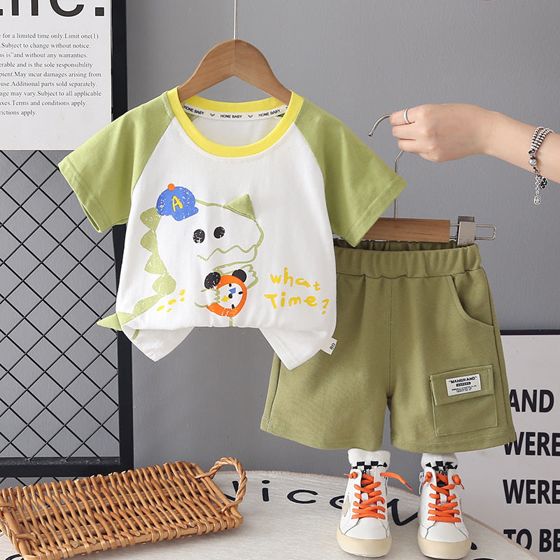Boys' Summer Outfit 2026 New Fashionable Korean Style Round Neck Dinosaur Short Sleeve Thin Two-Piece Set for Toddlers