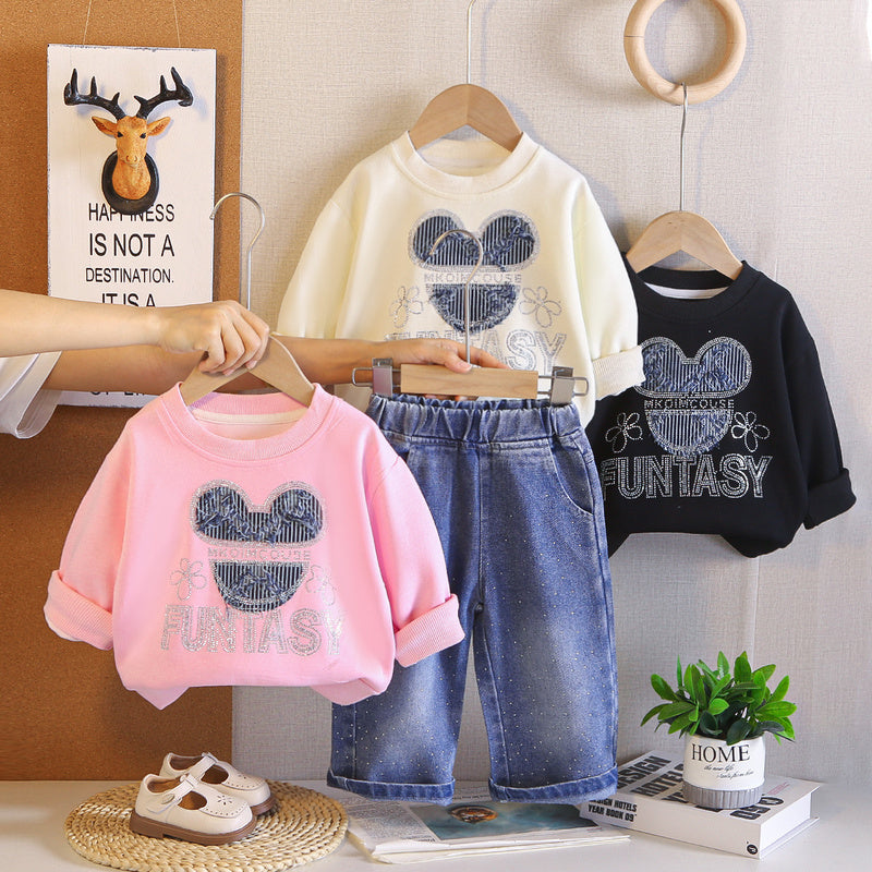 Girls' Autumn Cartoon Outfit 2026 Spring/Autumn New Casual Cat Head Sweatshirt Two-Piece Set Children's Baby Clothes