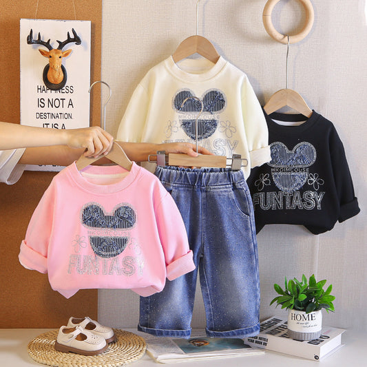 Girls' Autumn Cartoon Outfit 2026 Spring/Autumn New Casual Cat Head Sweatshirt Two-Piece Set Children's Baby Clothes