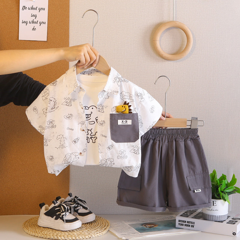 Boys' Summer Outfit 2026 New Style Pocket Dinosaur Short Sleeve Shorts Three-Piece Set Stylish for 1-4 Year Olds