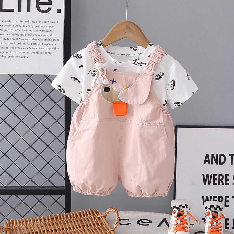 Girls' Outfit 2026 New Cute Baby Summer Clothes Stylish Puppy Overalls Short Sleeve Two-Piece Set