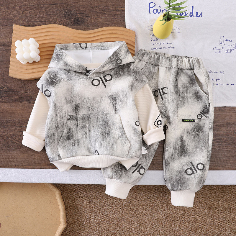 Boys' Autumn Casual Outfit, New Spring-Autumn Hooded Vest Three-Piece Set with Full Print for Infants and Children