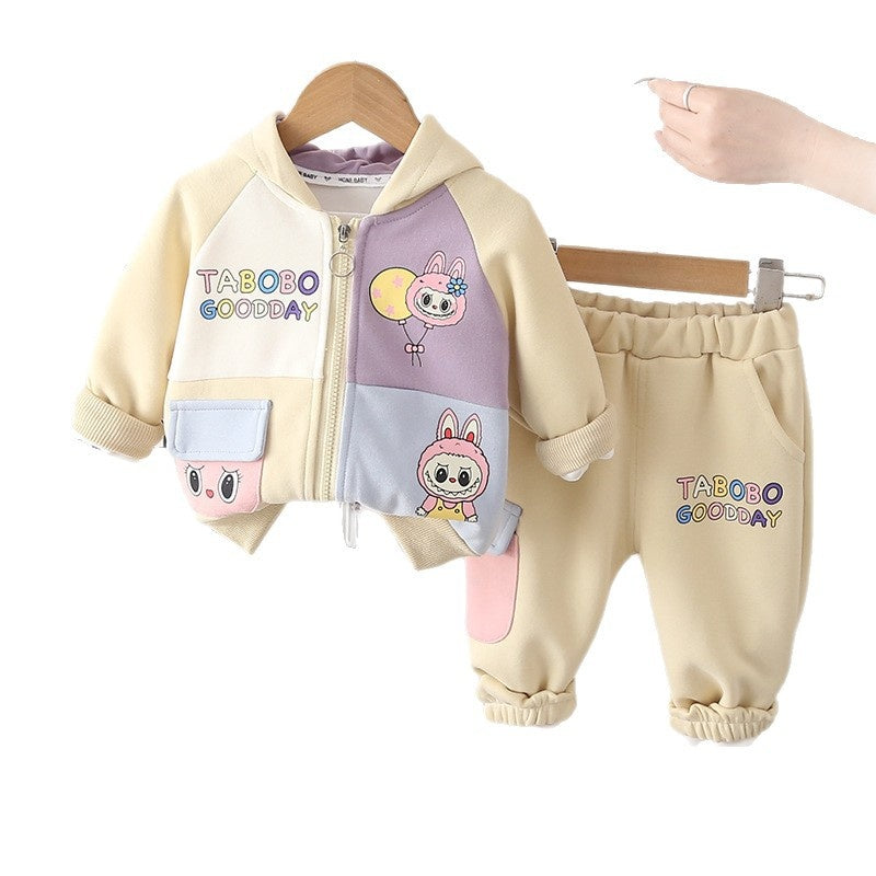 Girls' Outfit Spring and 2026 New Fashionable Children's Autumn Stylish Baby Girl Color-Block Cartoon Jacket Two-Piece Set