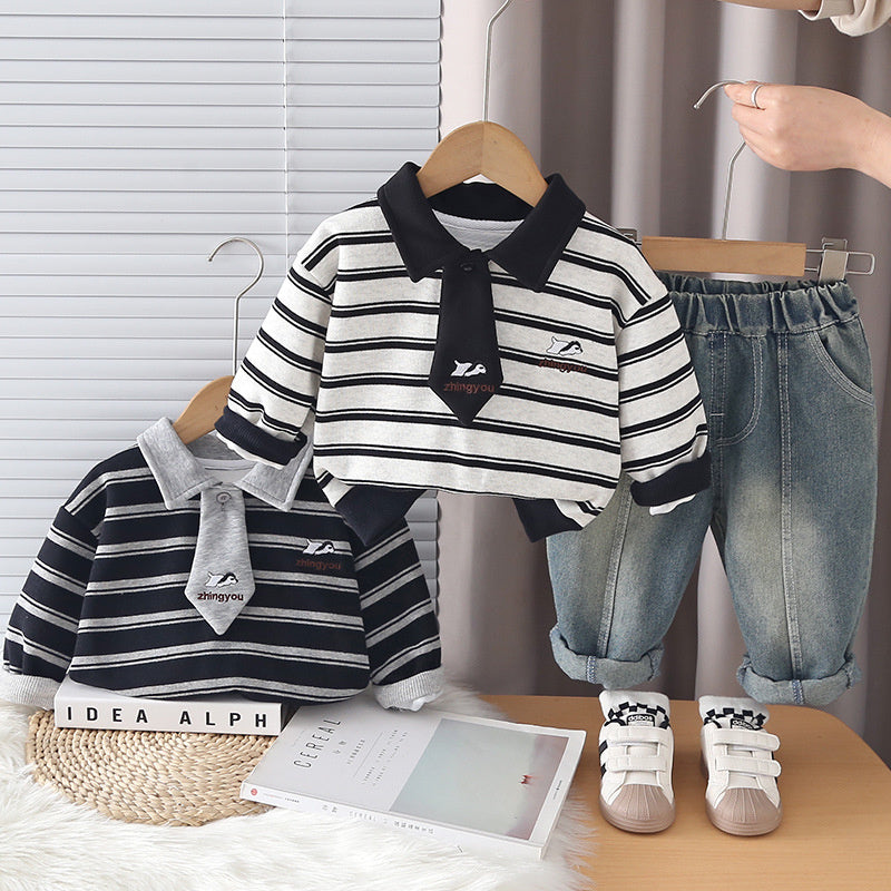 Boys' striped tie Polo suit, stylish and autumn children's Korean-style clothing, fashionable baby spring outfit
