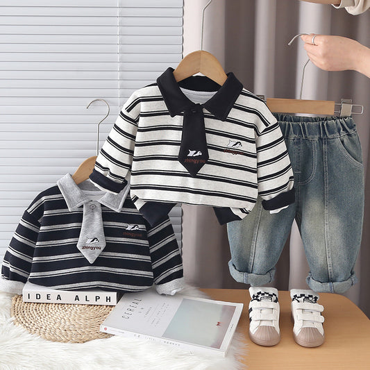 Boys' striped tie Polo suit, stylish and autumn children's Korean-style clothing, fashionable baby spring outfit
