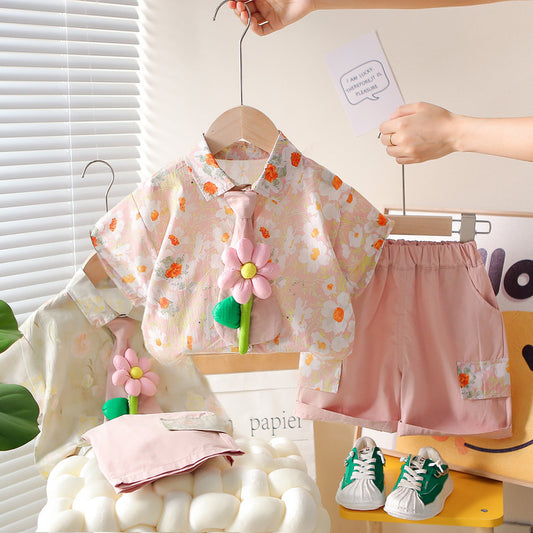 Boys' Summer Outfit 2026 New Style 1-2-3 Years Old, Stylish Floral Tie Shirt Short Sleeve Two-Piece Set for Children
