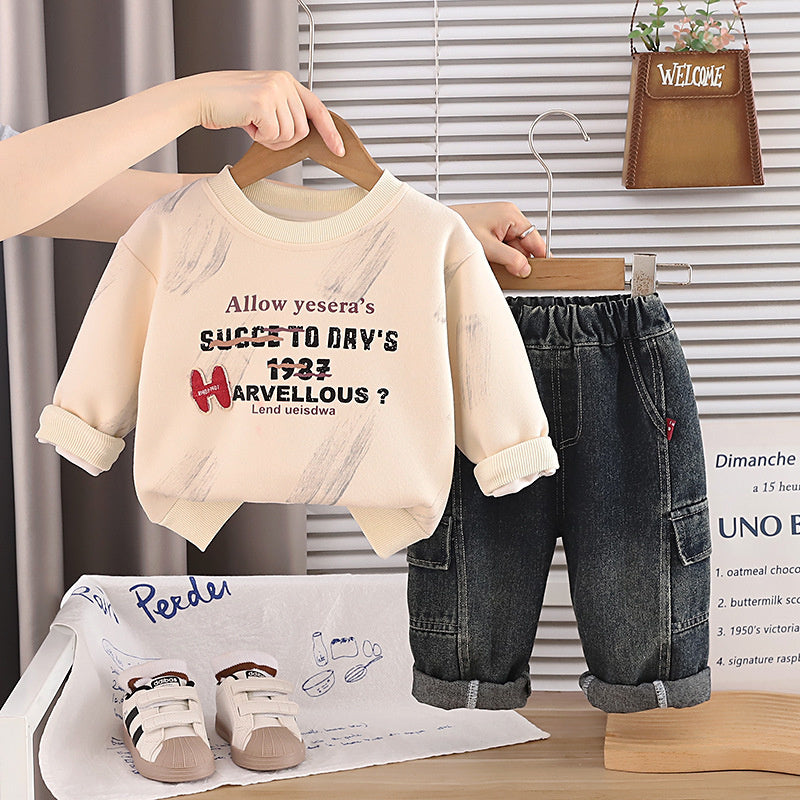 Boys' Autumn Outfit 2026 Spring-Autumn Clothes Infant Children's Letter Sweatshirt Baby Stylish Round Neck Two-Piece Set Trendy