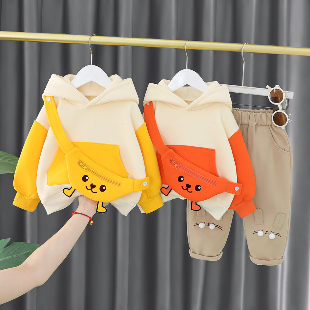 Children's clothing boys and girls, fleece-lined with hood late autumn, cartoon thickened sweatshirt two-piece set for kids