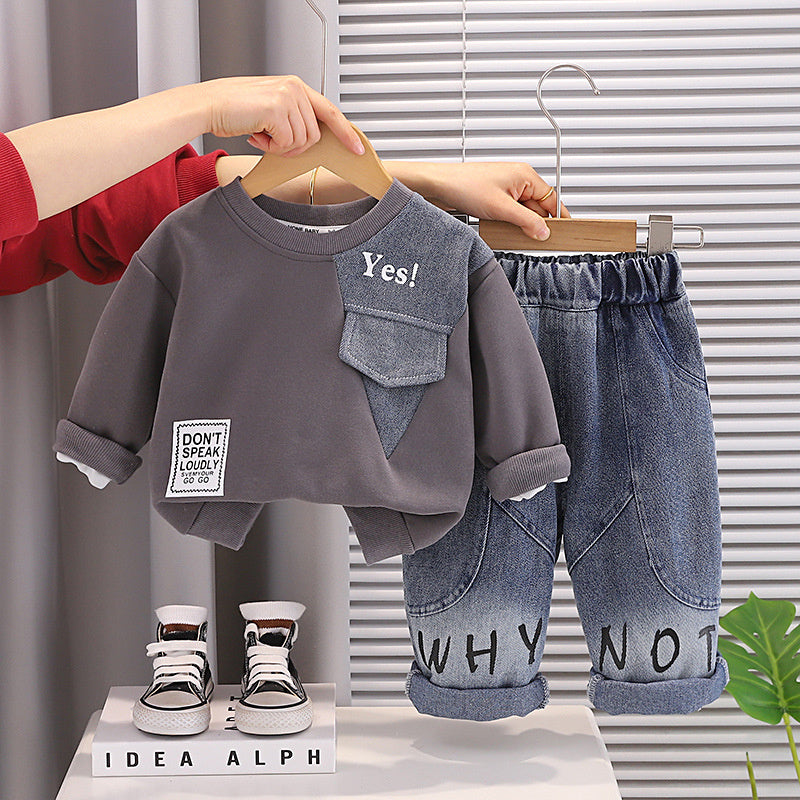 Boys' Spring and Outfit 2026 New Fashionable Letter Patchwork Sweatshirt Set Baby Autumn Toddler Clothes Children's Trendy Clothing