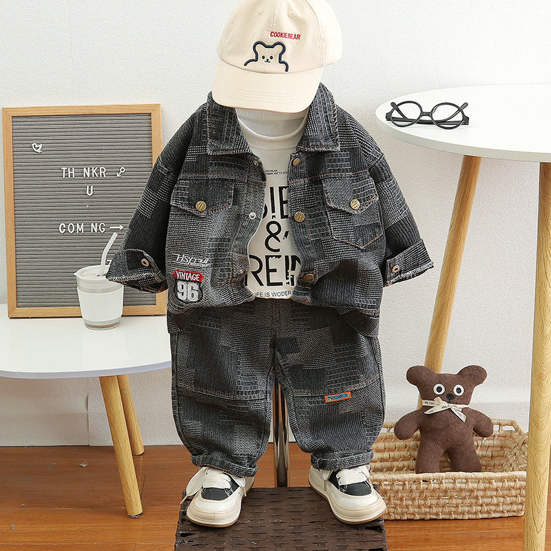 Boys' Spring and Outfit 2026 New Fashionable Children's Denim Casual Three-Piece Set Baby's Trendy Autumn Jacket