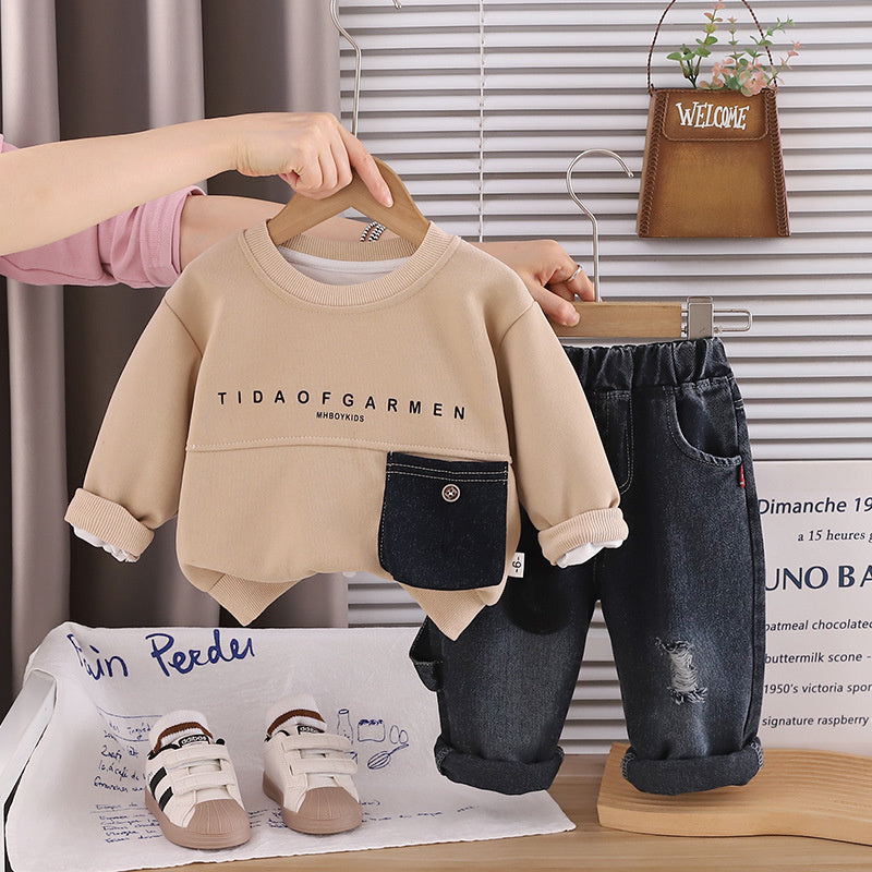 Boys' Suit 2026 New Style Children's Stylish Big Pocket Sweatshirt Outfit Baby Fashionable Spring and Autumn Two-Piece Set