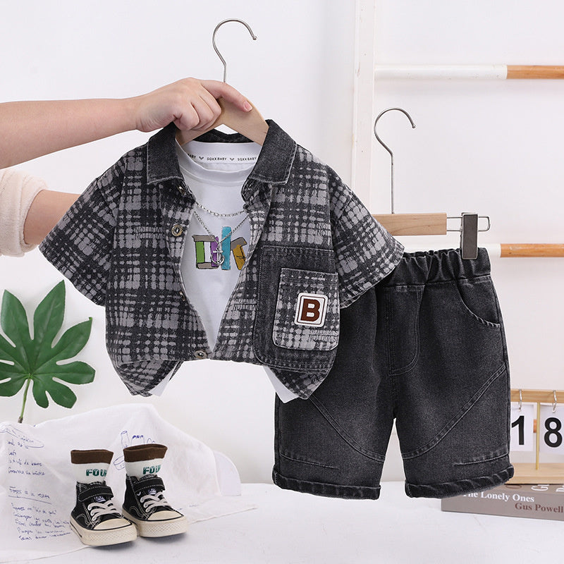 Boys' Denim Plaid Short Sleeve Suit, Stylish Children's Clothing, 2026 New Model, Trendy Summer Clothes for Young Children