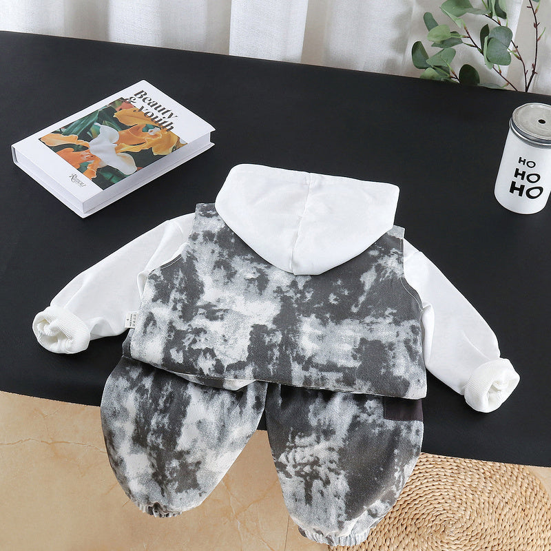 Boys' Outfit 2026 New Spring and Style Children's Fashionable Hooded Sweatshirt Baby Autumn Tie-Dye Vest Three-Piece Set