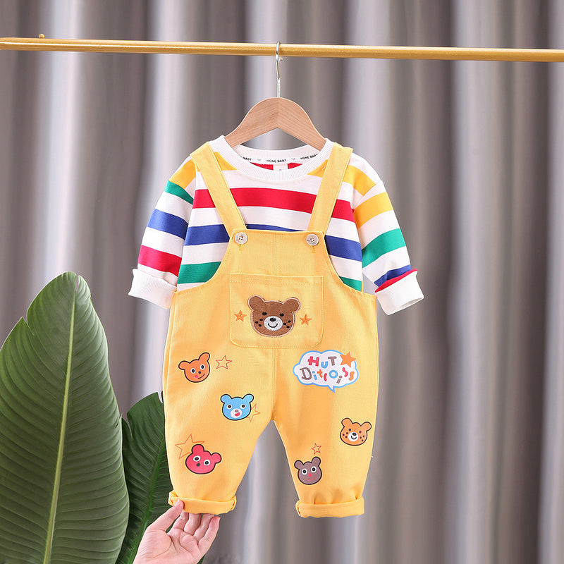 Spring New Boys' Fashion Street Style Full Print Bear Head Strap Two-Piece Set Trendy Long Sleeve Outfit Direct Sale