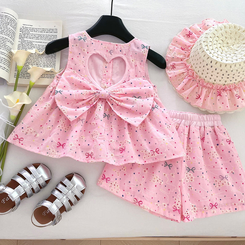 2026 Spring/Summer New Girls' Outfit Cute Bow Embroidered Sleeveless Top and Shorts Two-Piece Set with Hat