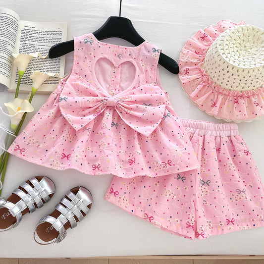 2026 Spring/Summer New Girls' Outfit Cute Bow Embroidered Sleeveless Top and Shorts Two-Piece Set with Hat