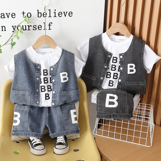 Boys' 2026 New Stylish Outfit Infant Children's Short-Sleeve Denim Vest Three-Piece Summer Set Baby Clothes