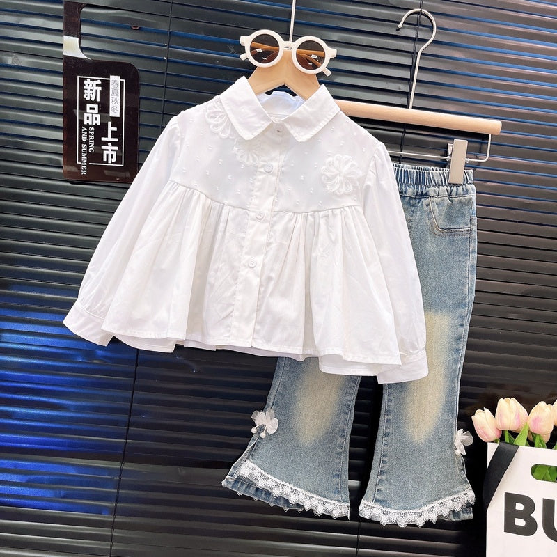 Girls' 2025 Spring Autumn New Cute Mesh Embroidered Patchwork Shirt and Denim Pants Two-Piece Set Trendy