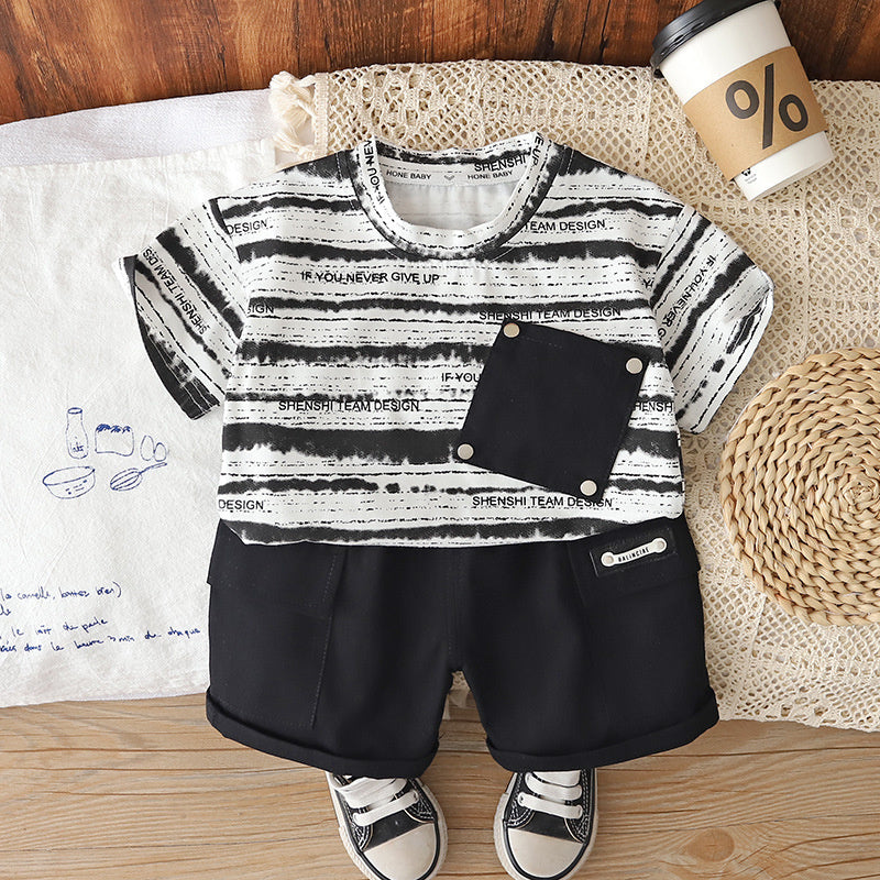 Boys' Outfit 2026 New Fashionable Summer Clothes for Boys Baby Striped Diagonal Pocket Short Sleeve Thin Children's Clothing