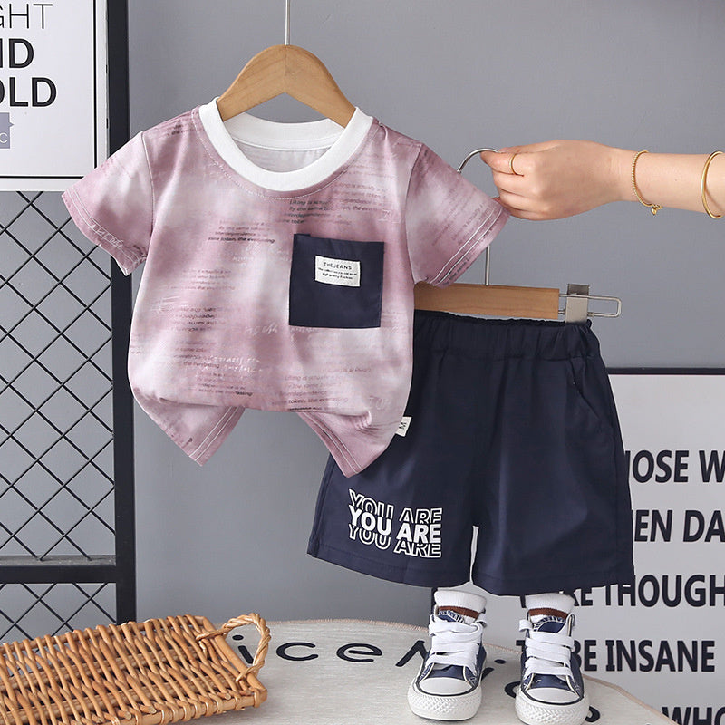 Boys' Summer Outfit 2026 New Fashionable Baby Children's Gradient Letter Print Short Sleeve Two-Piece Stylish Clothes